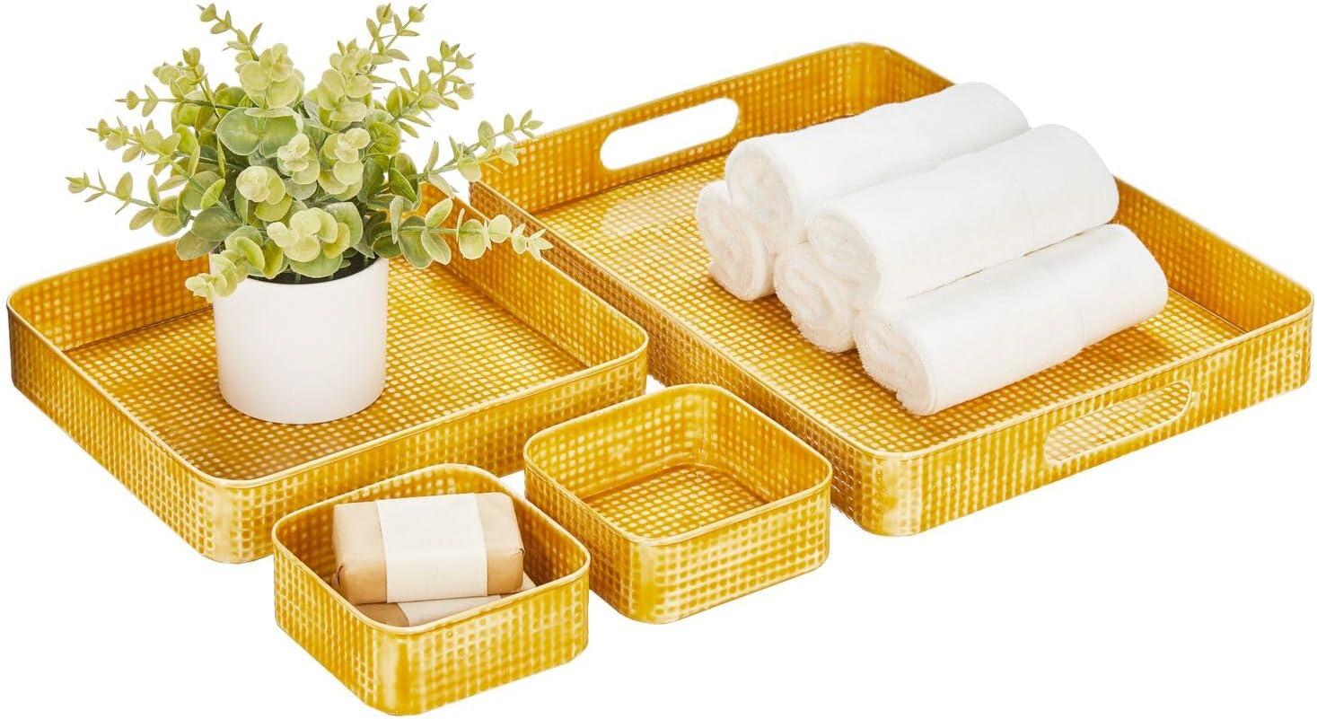 imagemDesign Nesting Hammered Stainless Steel Tray Set with Handles  Decorative Serving Trays for Entertaining  Holds Food Tea or Coffee  Metal Serving Platter for Breakfast Table  Set of 4  Yellow