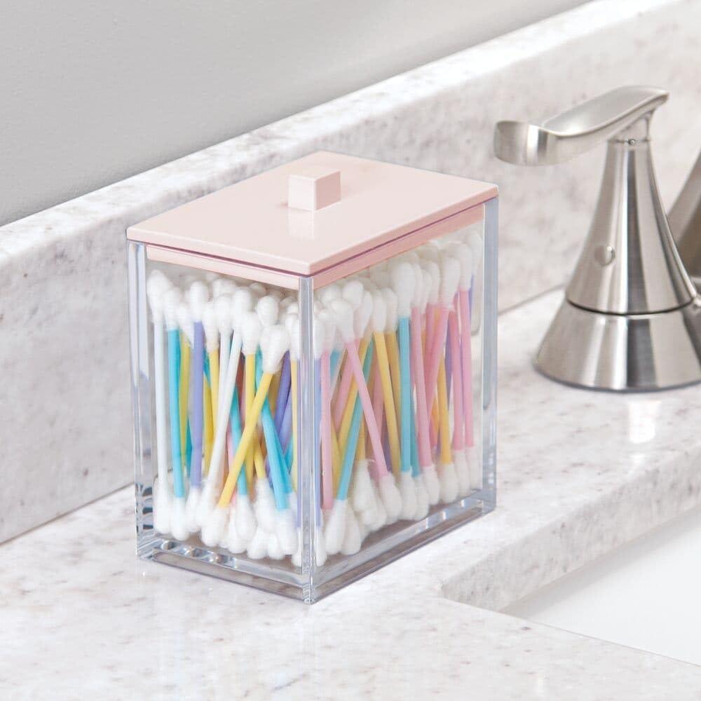 imagemDesign Plastic Rectangle Apothecary Canister  Organizer for Bathroom Vanity Countertop Shelf Decor  Holds Cotton Swabs Soap Makeup Bath Salts  Lumiere Collection  2 Pack  ClearLight PinkClearLight Pink