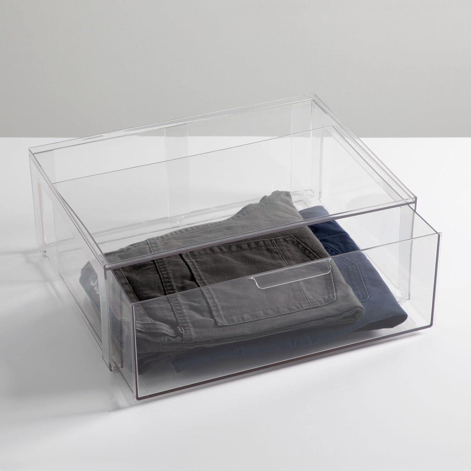 imagemDesign Plastic Stackable Closet Storage Organizer Bin Containers with Front Pull Drawer for Cabinet Desk Shelf Cupboard or Dresser Organization  Lumiere Collection  Set of 3  Clear16 x 12 x 6 Pack of 2
