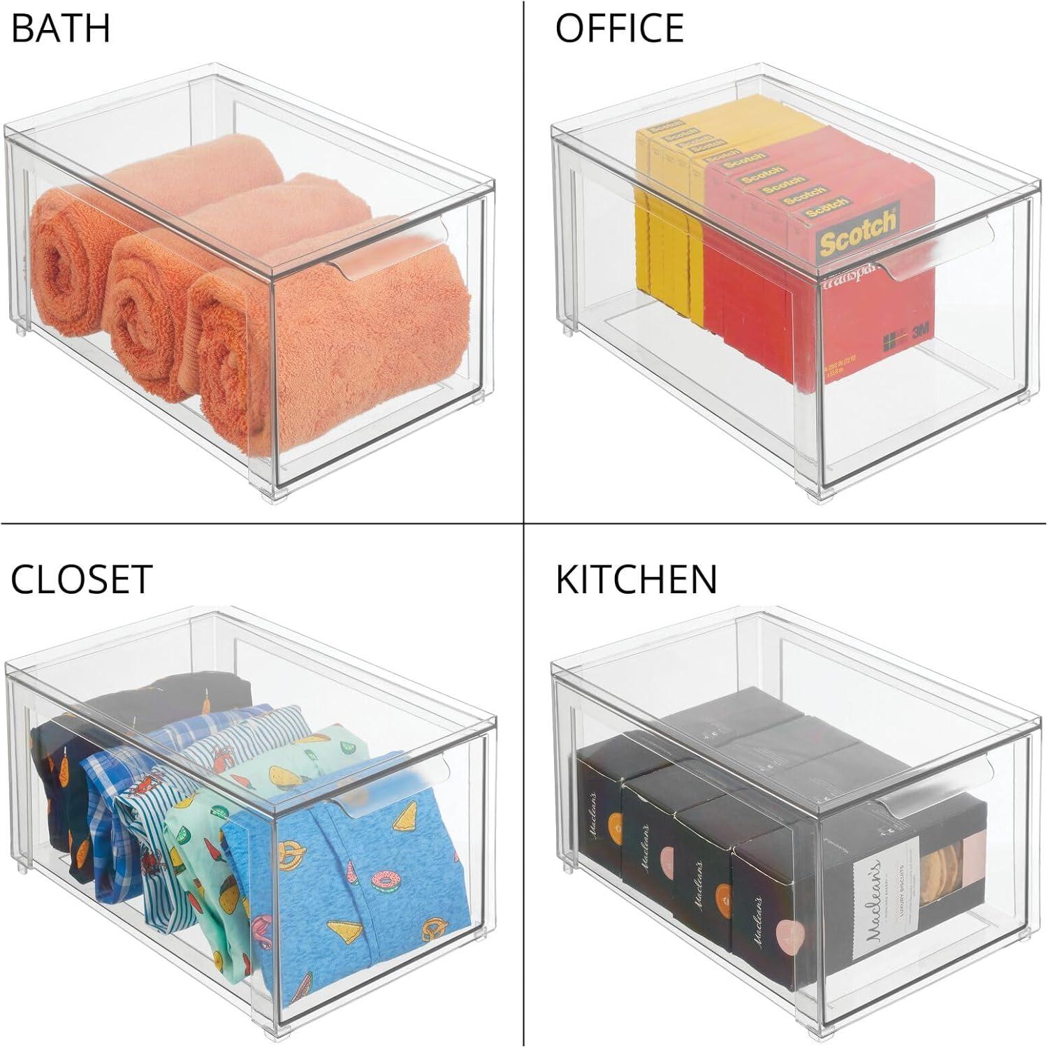 imagemDesign Plastic Stackable Closet Storage Organizer Bin Containers with Front Pull Drawer for Cabinet Desk Shelf Cupboard or Dresser Organization  Lumiere Collection  Set of 3  Clear8 x 12 x 6 Pack of 4