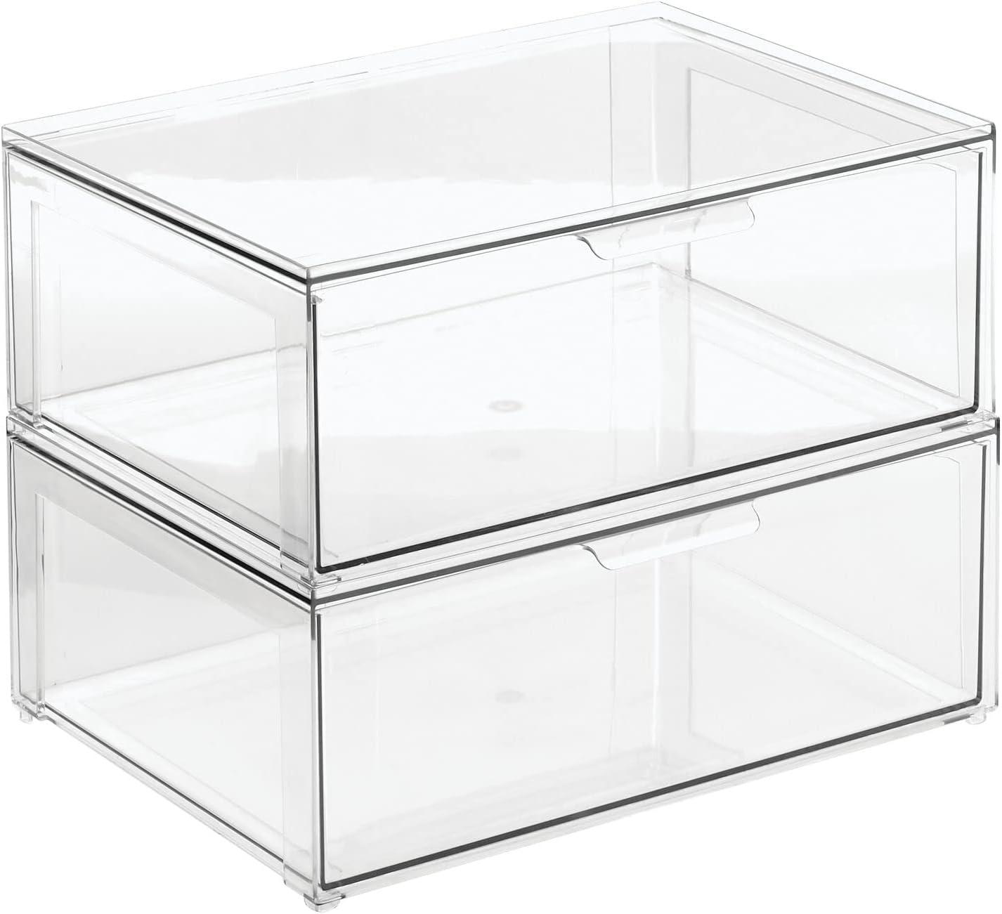 imagemDesign Plastic Stackable Closet Storage Organizer Bin Containers with Front Pull Drawer for Cabinet Desk Shelf Cupboard or Dresser Organization  Lumiere Collection  Set of 3  Clear16 x 12 x 6 Pack of 2