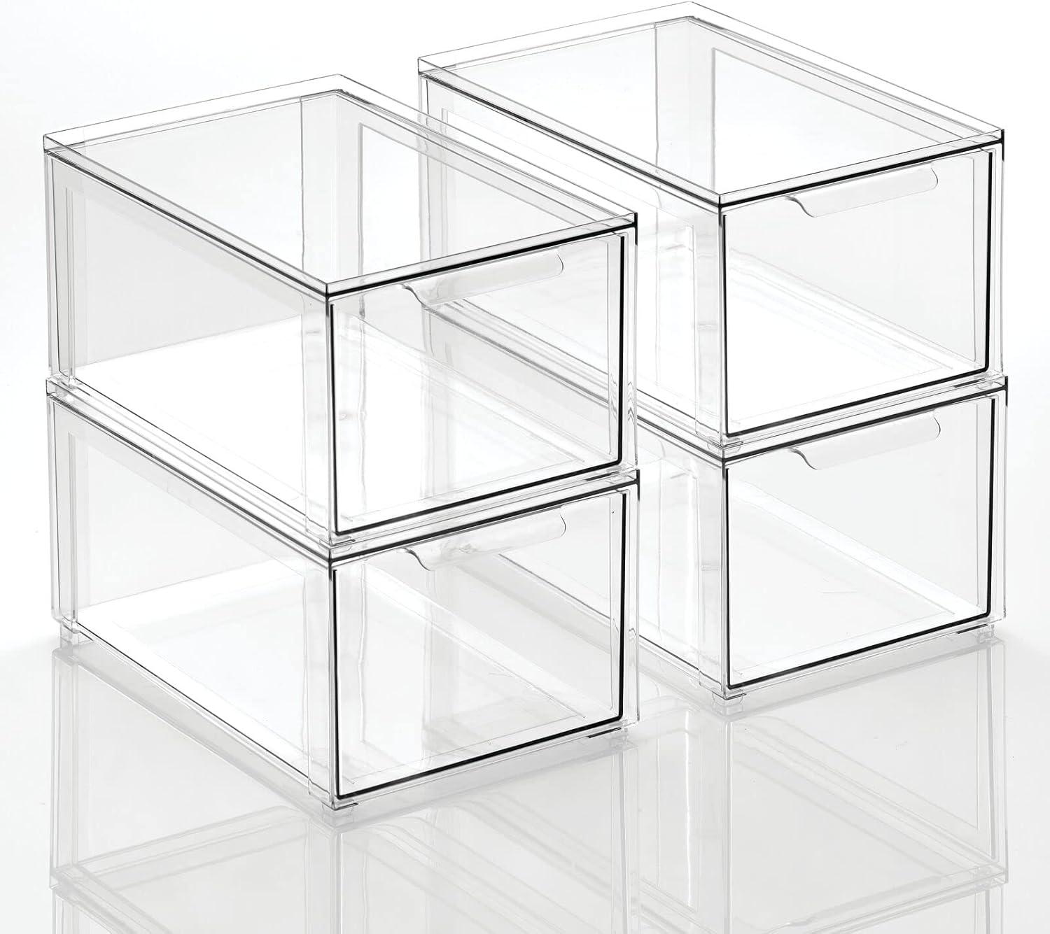 imagemDesign Plastic Stackable Closet Storage Organizer Bin Containers with Front Pull Drawer for Cabinet Desk Shelf Cupboard or Dresser Organization  Lumiere Collection  Set of 3  Clear8 x 12 x 6 Pack of 4