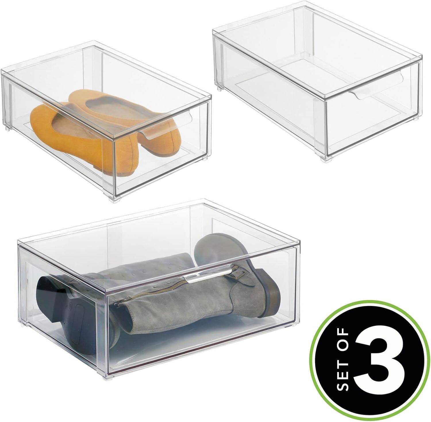 imagemDesign Plastic Stackable Closet Storage Organizer Bin Containers with Front Pull Drawer for Cabinet Desk Shelf Cupboard or Dresser Organization  Lumiere Collection  Set of 3  ClearMixed Sizes Pack of 3