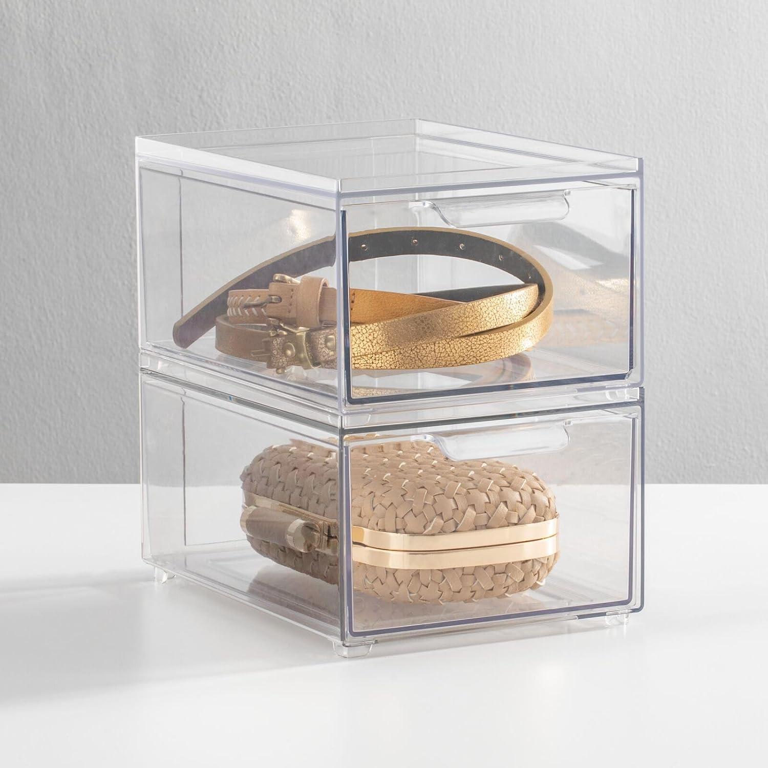 imagemDesign Stackable Storage Containers Box with 2 PullOut Drawers  Stacking Plastic Drawer Bins for Closet Organization Linen Coat Bedroom or Entryway Closets  Lumiere Collection  4 Pack Clear8 x 6 x 4 Pack of 2