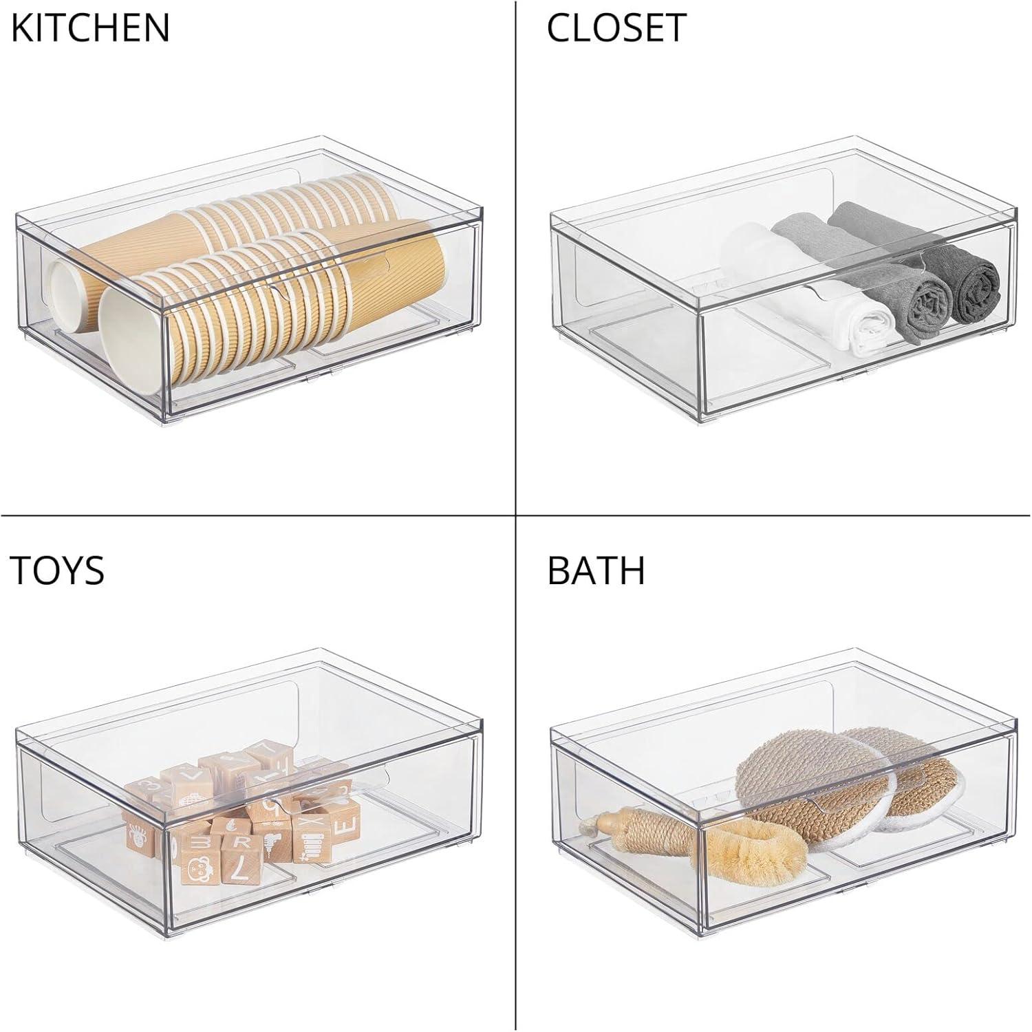 imagemDesign Stackable Storage Containers Box with 2 PullOut Drawers  Stacking Plastic Drawer Bins for Closet Organization Linen Coat Bedroom or Entryway Closets  Lumiere Collection  4 Pack Clear8 x 12 x 4 Pack of 2