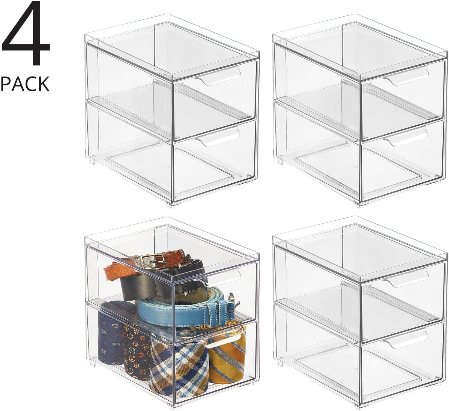 imagemDesign Stackable Storage Containers Box with 2 PullOut Drawers  Stacking Plastic Drawer Bins for Closet Organization Linen Coat Bedroom or Entryway Closets  Lumiere Collection  4 Pack Clear8 x 6 x 75 Pack of 4