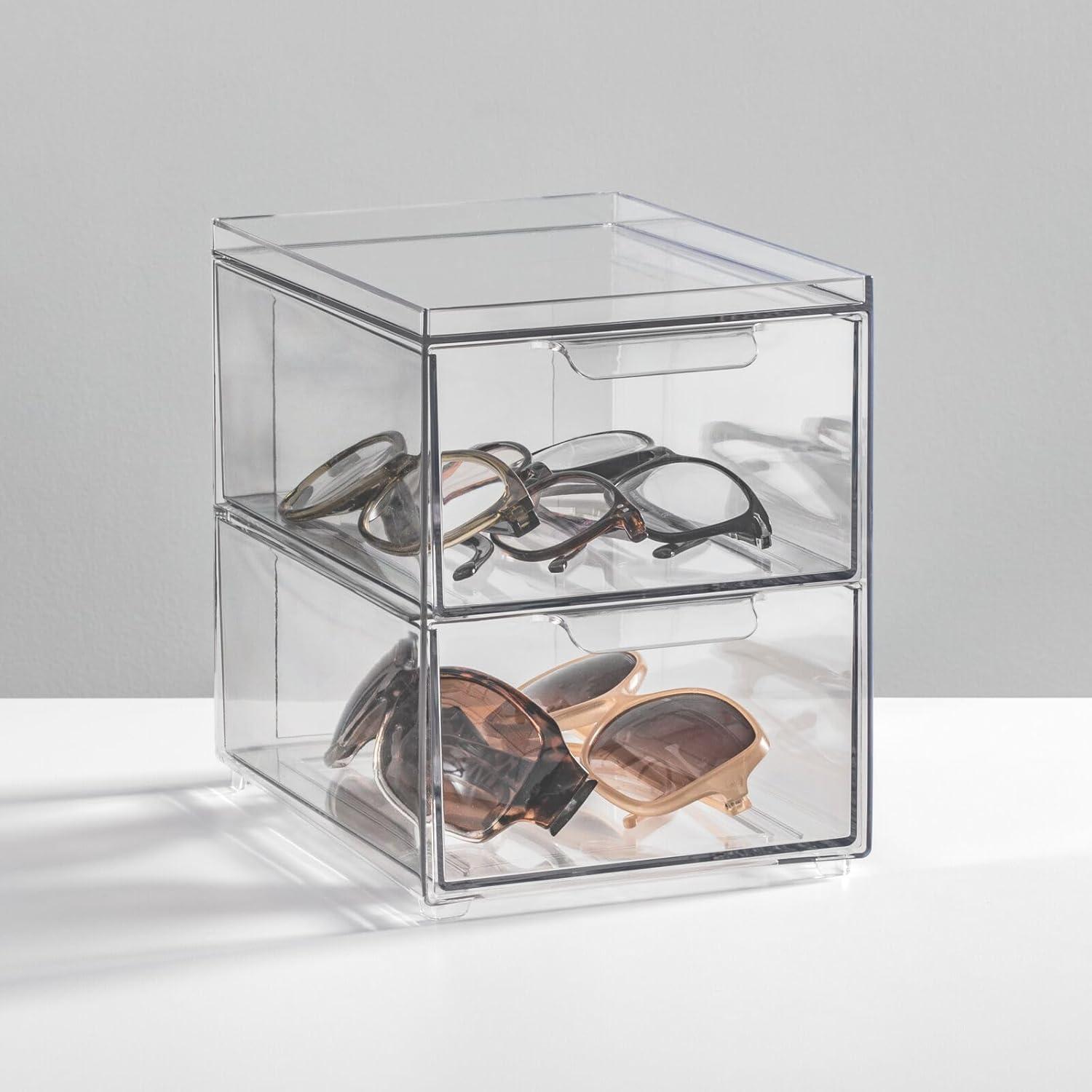 imagemDesign Stackable Storage Containers Box with 2 PullOut Drawers  Stacking Plastic Drawer Bins for Closet Organization Linen Coat Bedroom or Entryway Closets  Lumiere Collection  4 Pack Clear8 x 6 x 75 Pack of 4