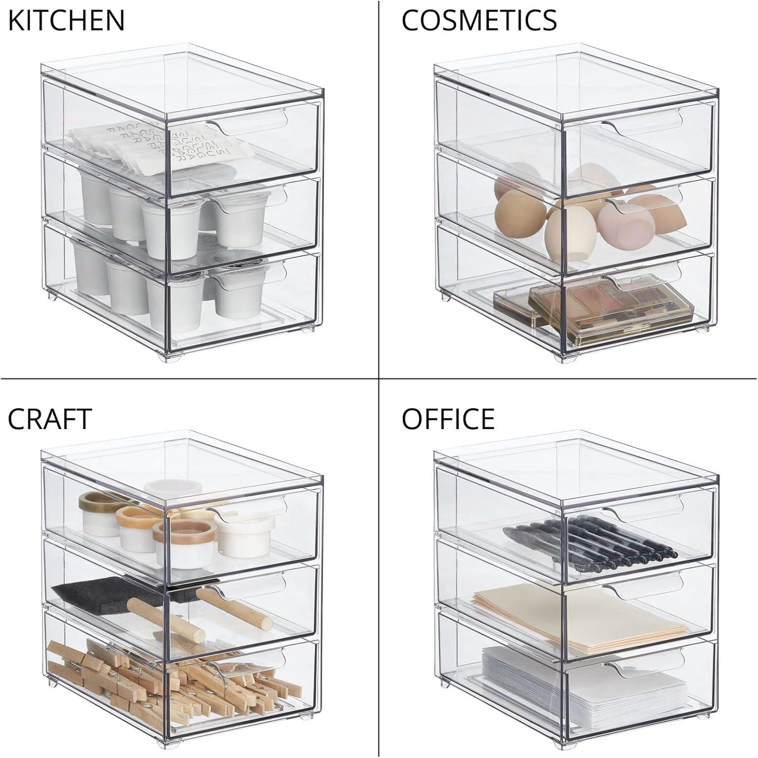 imagemDesign Stackable Storage Containers Box with 2 PullOut Drawers  Stacking Plastic Drawer Bins for Master or Guest Bathroom Linen Closet Vanity Makeup Table Lumiere Collection 4 Pack Clear8 x 6 x 8 Pack of 4