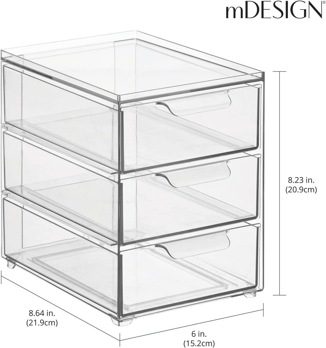 imagemDesign Stackable Storage Containers Box with 2 PullOut Drawers  Stacking Plastic Drawer Bins for Master or Guest Bathroom Linen Closet Vanity Makeup Table Lumiere Collection 4 Pack Clear8 x 6 x 8 Pack of 4