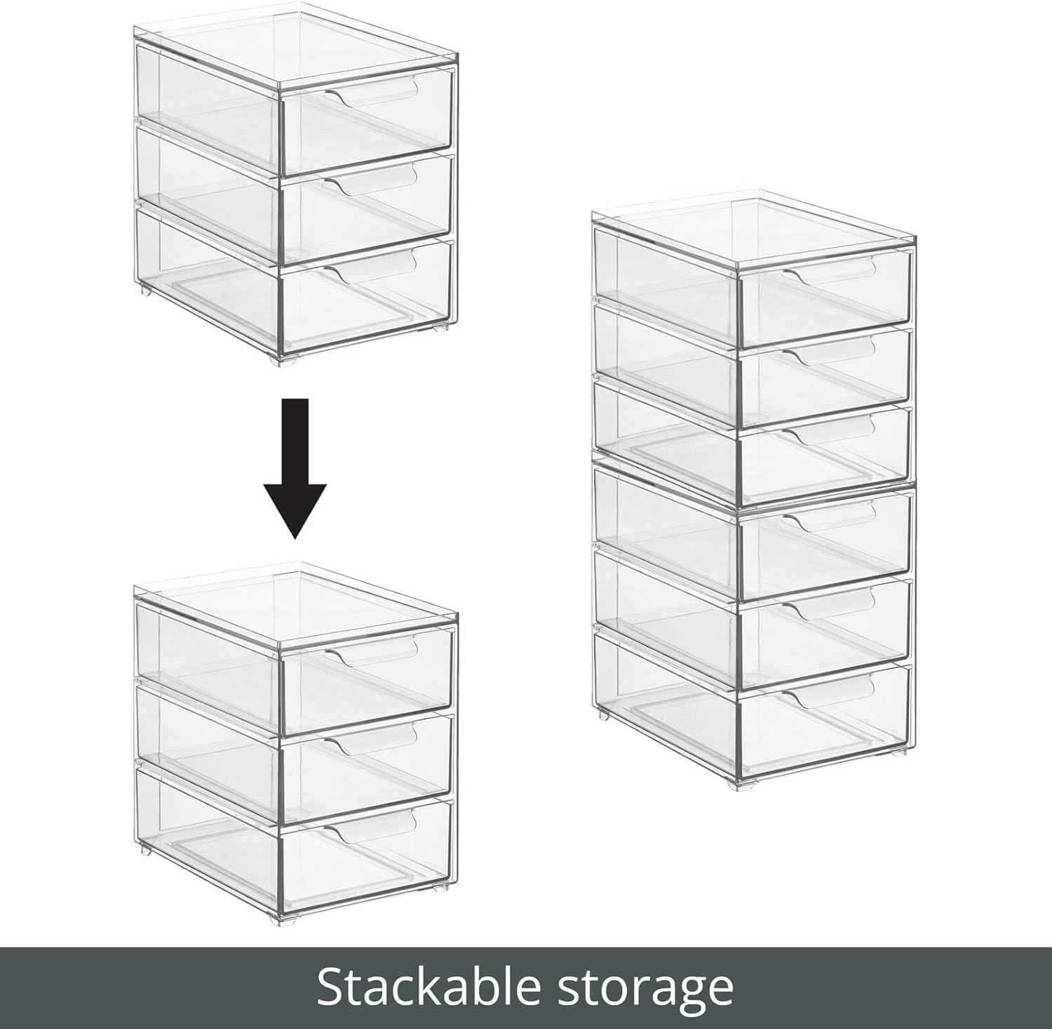imagemDesign Stackable Storage Containers Box with 2 PullOut Drawers  Stacking Plastic Drawer Bins for Master or Guest Bathroom Linen Closet Vanity Makeup Table Lumiere Collection 4 Pack Clear8 x 6 x 8 Pack of 4