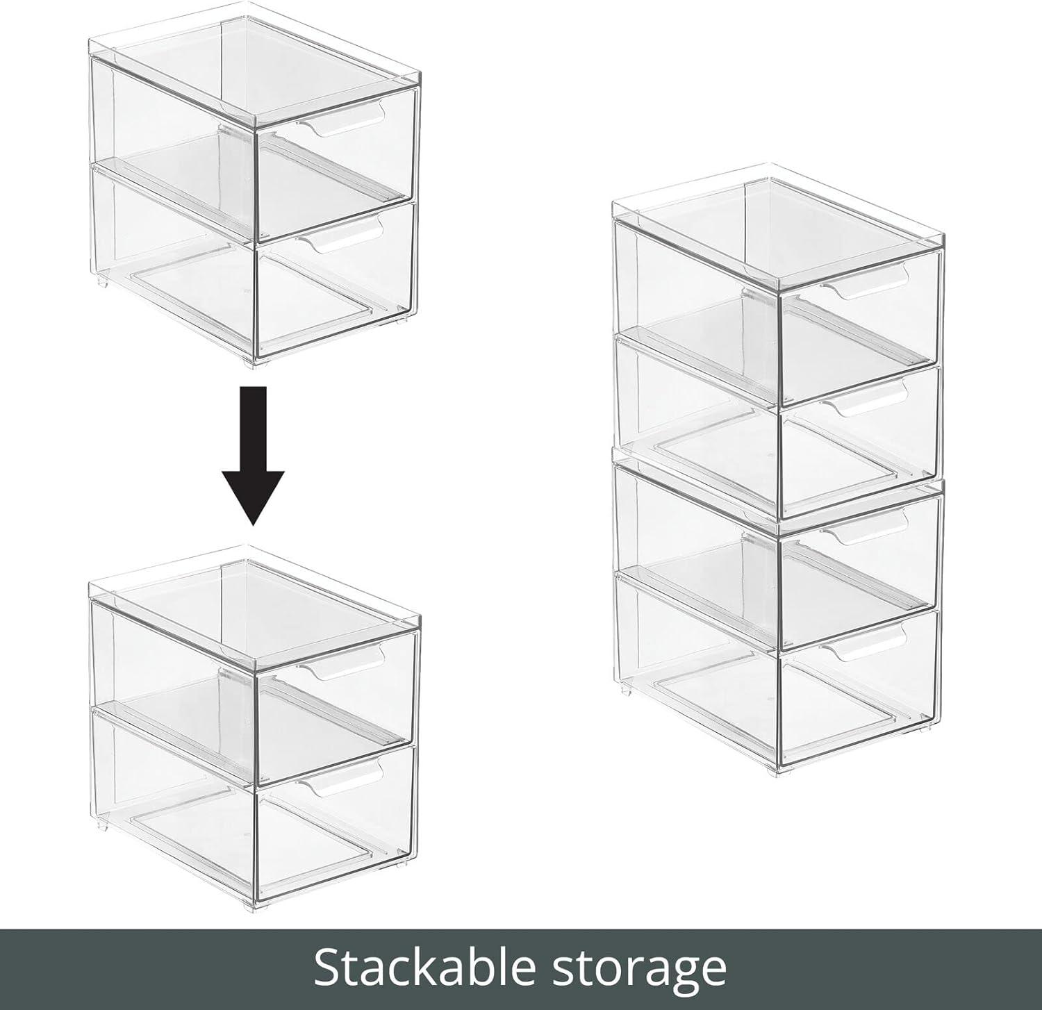 imagemDesign Stackable Storage Containers Box with 2 PullOut Drawers  Stacking Plastic Drawer Bins for Master or Guest Bathroom Linen Closet Vanity Makeup Table Lumiere Collection 4 Pack Clear8 x 6 x 7Pack of 4