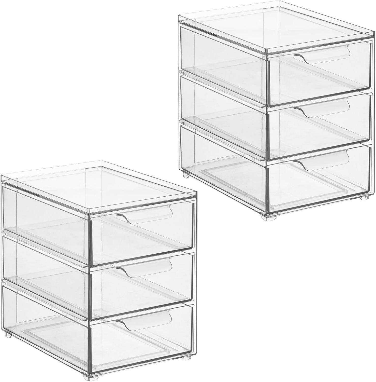 imagemDesign Stackable Storage Containers Box with 2 PullOut Drawers  Stacking Plastic Drawer Bins for Master or Guest Bathroom Linen Closet Vanity Makeup Table Lumiere Collection 4 Pack Clear8 x 6 x 8 Pack of 2