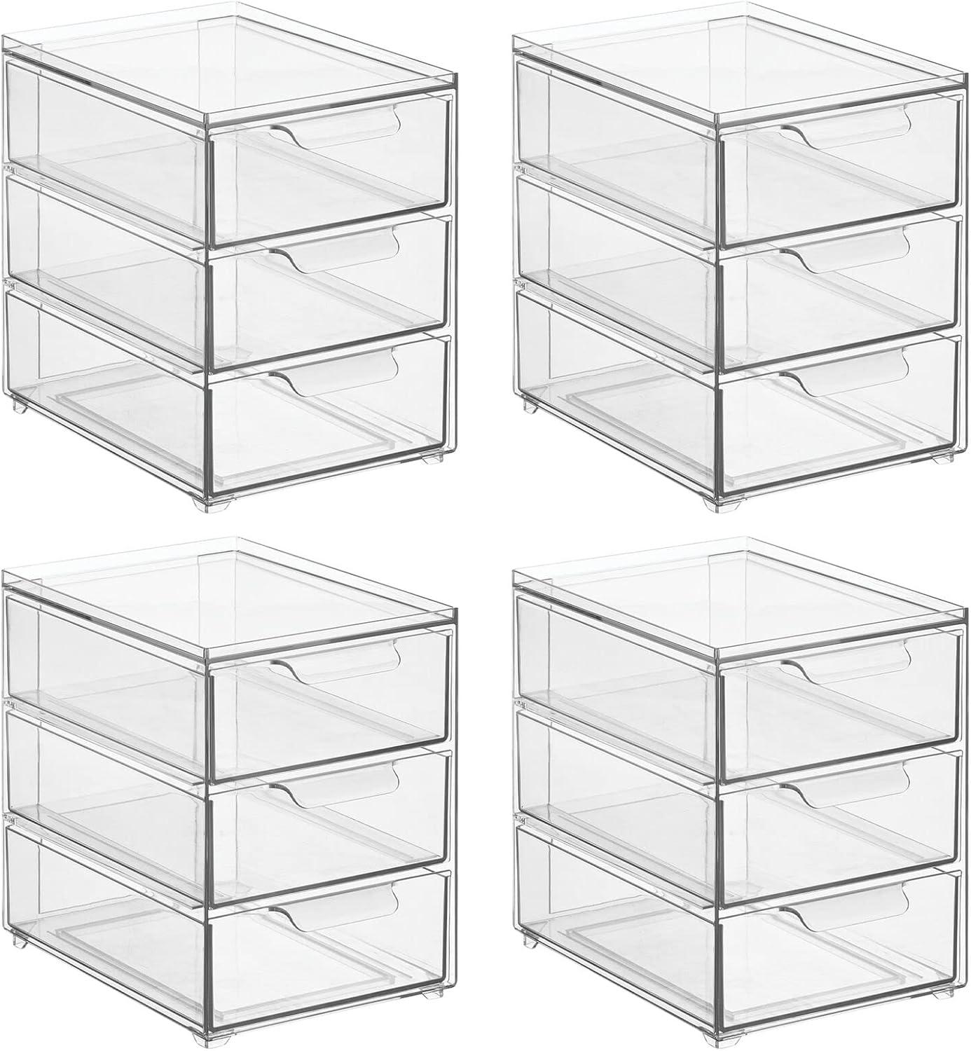 imagemDesign Stackable Storage Containers Box with 2 PullOut Drawers  Stacking Plastic Drawer Bins for Master or Guest Bathroom Linen Closet Vanity Makeup Table Lumiere Collection 4 Pack Clear8 x 6 x 8 Pack of 4