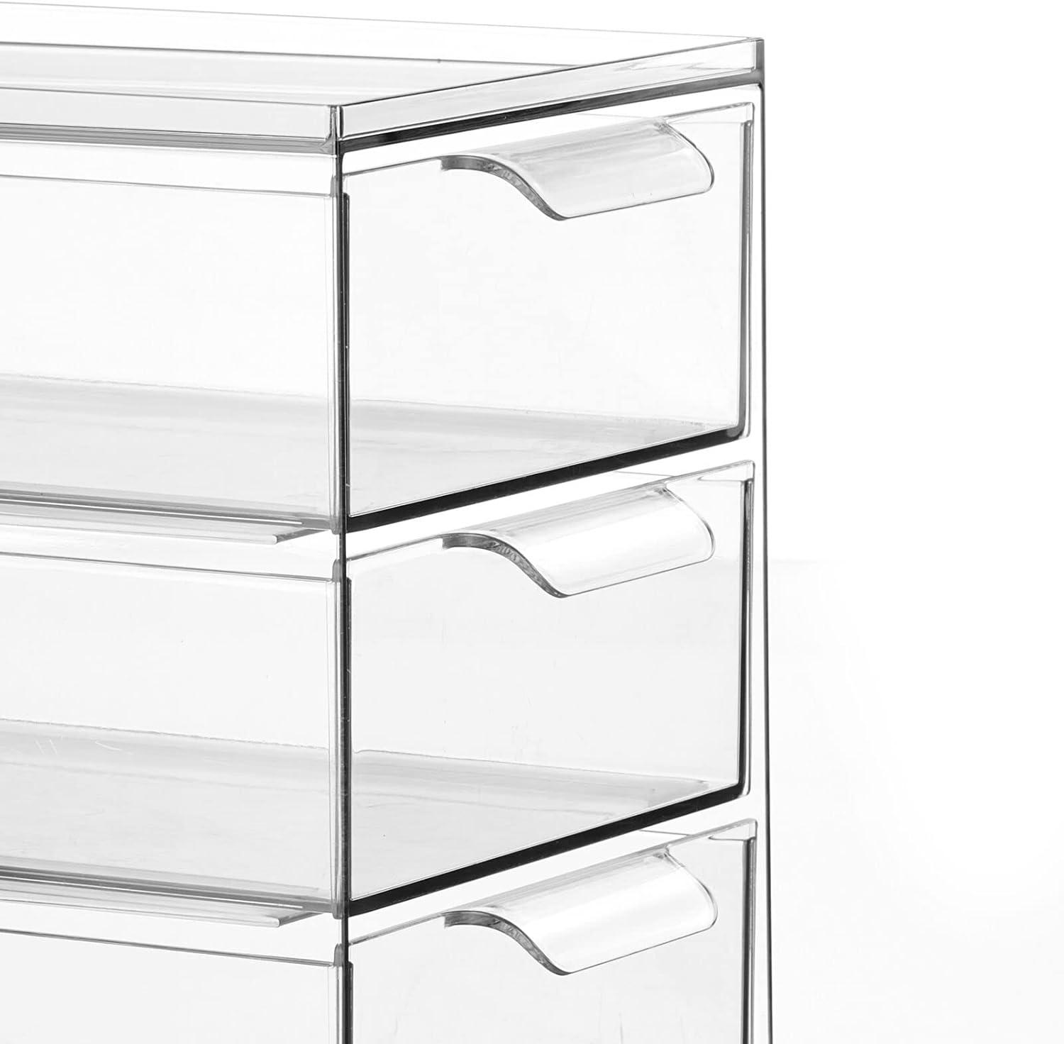 imagemDesign Stackable Storage Containers Box with 2 PullOut Drawers  Stacking Plastic Drawer Bins for Master or Guest Bathroom Linen Closet Vanity Makeup Table Lumiere Collection 4 Pack Clear8 x 6 x 8 Pack of 4
