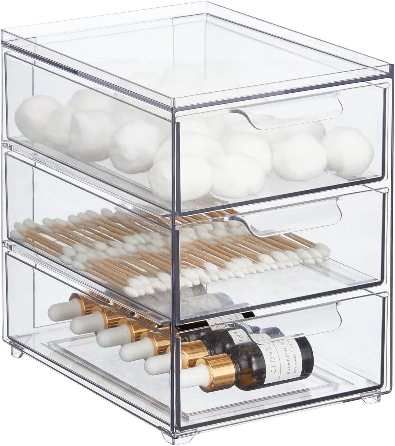 imagemDesign Stackable Storage Containers Box with 2 PullOut Drawers  Stacking Plastic Drawer Bins for Master or Guest Bathroom Linen Closet Vanity Makeup Table Lumiere Collection 4 Pack Clear8 x 6 x 8 Pack of 1