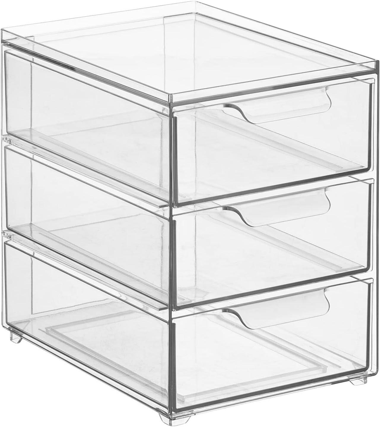 imagemDesign Stackable Storage Containers Box with 2 PullOut Drawers  Stacking Plastic Drawer Bins for Master or Guest Bathroom Linen Closet Vanity Makeup Table Lumiere Collection 4 Pack Clear8 x 6 x 8 Pack of 1