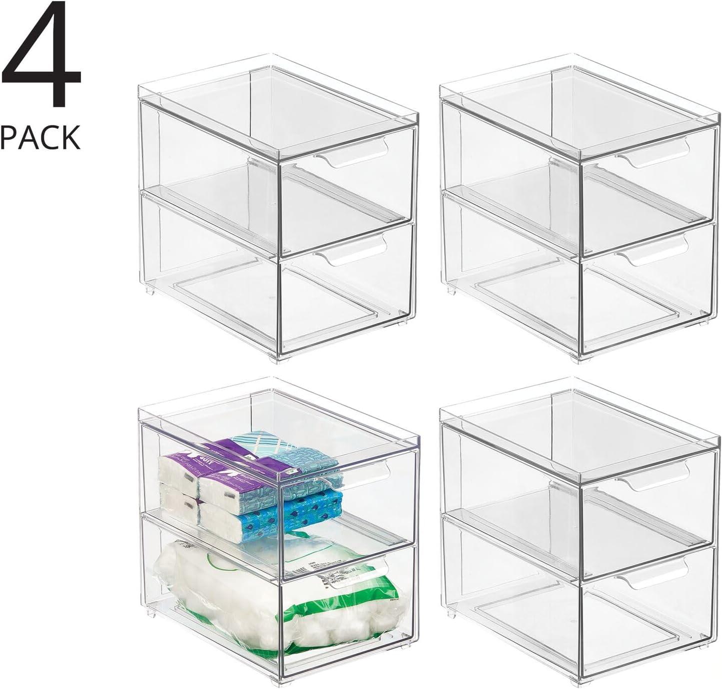 imagemDesign Stackable Storage Containers Box with 2 PullOut Drawers  Stacking Plastic Drawer Bins for Master or Guest Bathroom Linen Closet Vanity Makeup Table Lumiere Collection 4 Pack Clear8 x 6 x 7Pack of 4