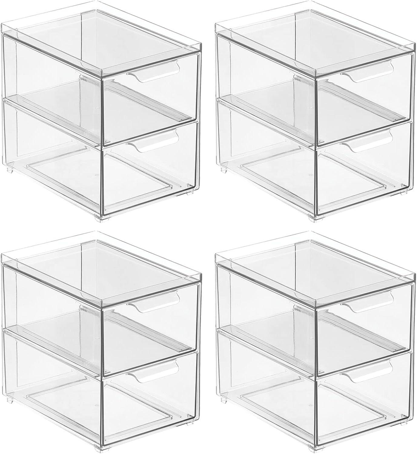 imagemDesign Stackable Storage Containers Box with 2 PullOut Drawers  Stacking Plastic Drawer Bins for Master or Guest Bathroom Linen Closet Vanity Makeup Table Lumiere Collection 4 Pack Clear8 x 6 x 7Pack of 4