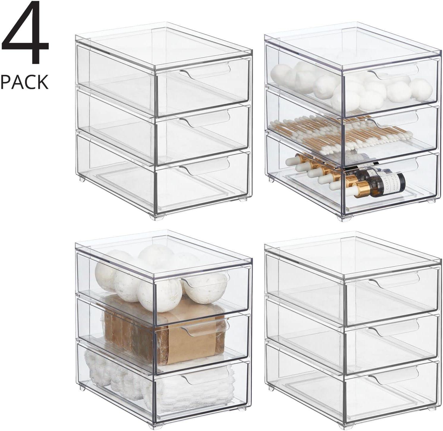 imagemDesign Stackable Storage Containers Box with 2 PullOut Drawers  Stacking Plastic Drawer Bins for Master or Guest Bathroom Linen Closet Vanity Makeup Table Lumiere Collection 4 Pack Clear8 x 6 x 8 Pack of 4