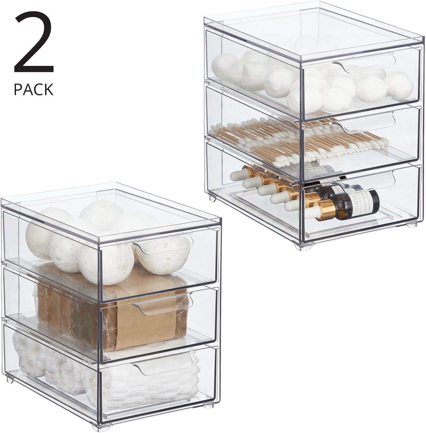imagemDesign Stackable Storage Containers Box with 2 PullOut Drawers  Stacking Plastic Drawer Bins for Master or Guest Bathroom Linen Closet Vanity Makeup Table Lumiere Collection 4 Pack Clear8 x 6 x 8 Pack of 2