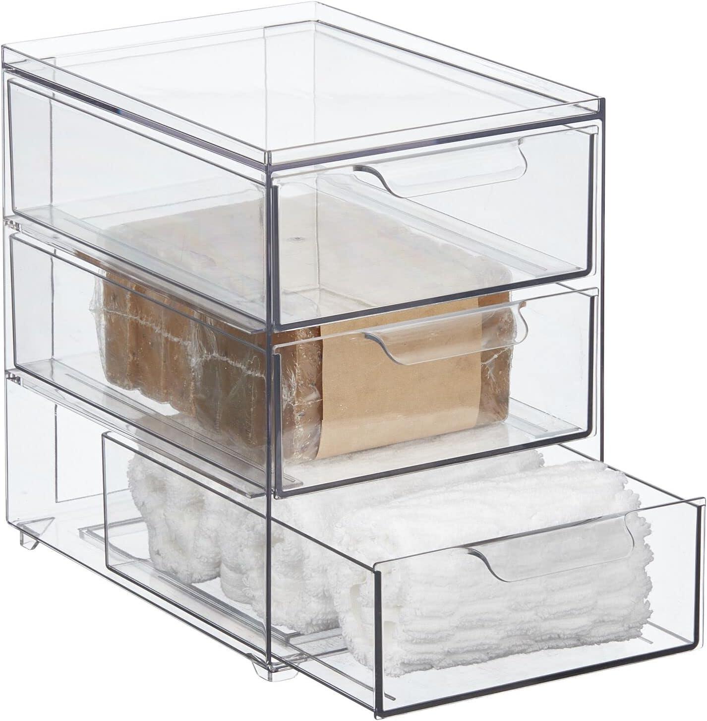 imagemDesign Stackable Storage Containers Box with 2 PullOut Drawers  Stacking Plastic Drawer Bins for Master or Guest Bathroom Linen Closet Vanity Makeup Table Lumiere Collection 4 Pack Clear8 x 6 x 8 Pack of 4