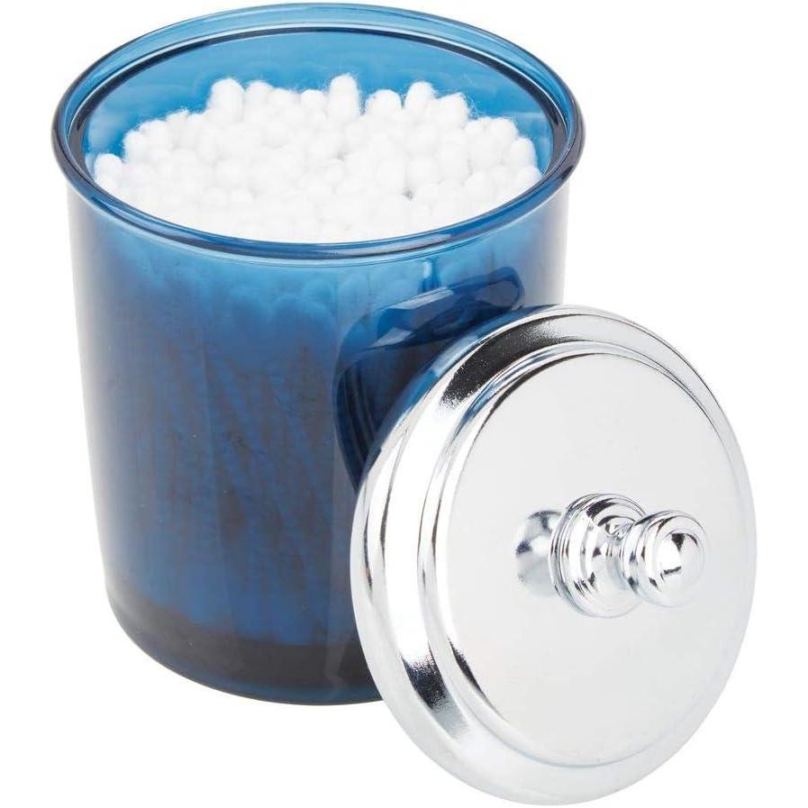 imagemDesign Bathroom Vanity Storage Organizer Apothecary Canister Jar for Cotton Balls Swabs Makeup Sponges Bath Salts Hair Ties Jewelry  Dark BlueChrome Lid