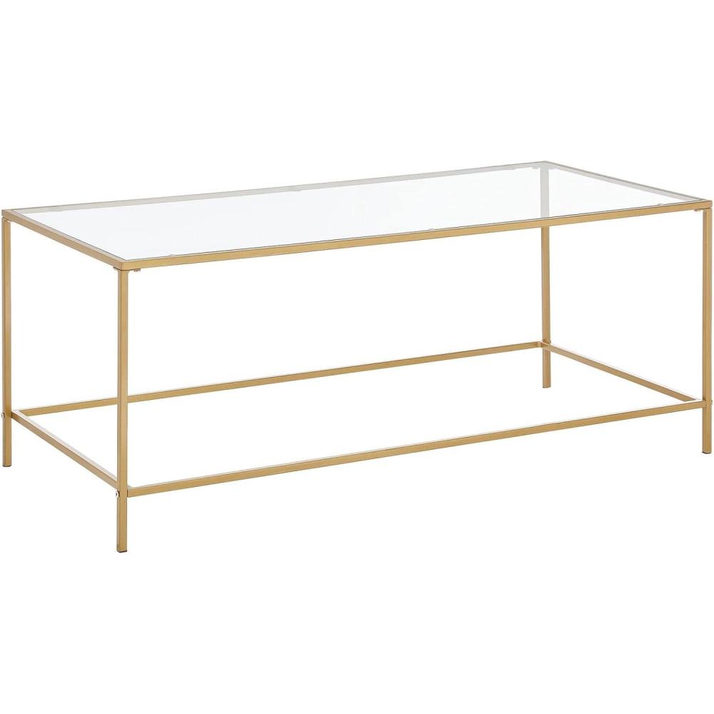 imagemDesign Glass Top Coffee Table  Large Minimalistic Rectangular Geometric Metal Accent Furniture Unit for Living Room Basement Home Office Garage and Bedroom  BlackSoft Brass