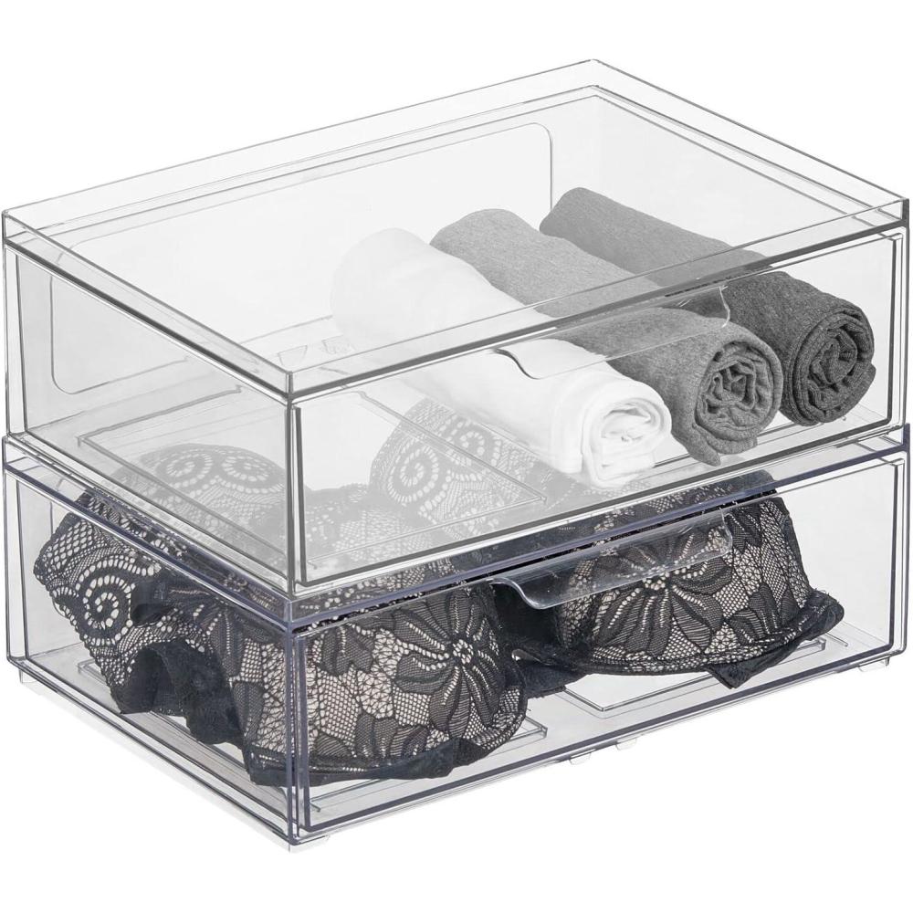 imagemDesign Stackable Storage Containers Box with 2 PullOut Drawers  Stacking Plastic Drawer Bins for Closet Organization Linen Coat Bedroom or Entryway Closets  Lumiere Collection  4 Pack Clear8 x 12 x 4 Pack of 2