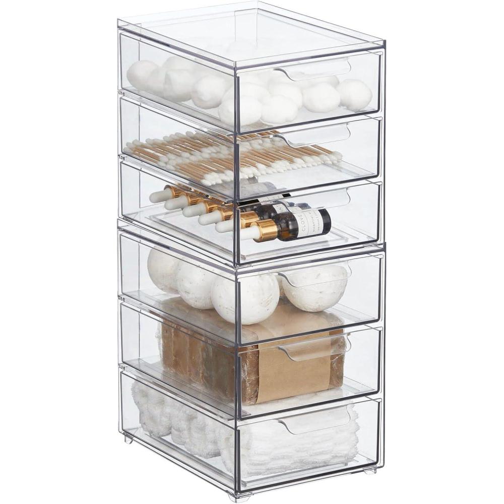 imagemDesign Stackable Storage Containers Box with 2 PullOut Drawers  Stacking Plastic Drawer Bins for Master or Guest Bathroom Linen Closet Vanity Makeup Table Lumiere Collection 4 Pack Clear8 x 6 x 8 Pack of 2