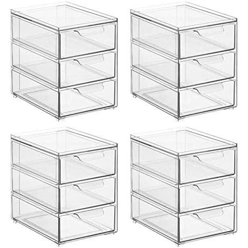imagemDesign Stackable Storage Containers Box with 2 PullOut Drawers  Stacking Plastic Drawer Bins for Master or Guest Bathroom Linen Closet Vanity Makeup Table Lumiere Collection 4 Pack Clear8 x 6 x 8 Pack of 4