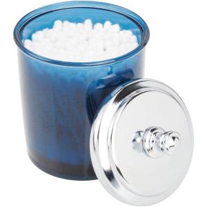 imagemDesign Bathroom Vanity Storage Organizer Apothecary Canister Jar for Cotton Balls Swabs Makeup Sponges Bath Salts Hair Ties Jewelry  Dark BlueChrome Lid