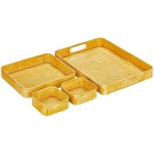 imagemDesign Nesting Hammered Stainless Steel Tray Set with Handles  Decorative Serving Trays for Entertaining  Holds Food Tea or Coffee  Metal Serving Platter for Breakfast Table  Set of 4  Yellow