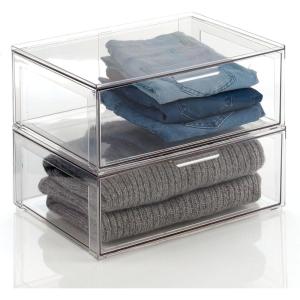 imagemDesign Plastic Stackable Closet Storage Organizer Bin Containers with Front Pull Drawer for Cabinet Desk Shelf Cupboard or Dresser Organization  Lumiere Collection  Set of 3  Clear16 x 12 x 6 Pack of 2