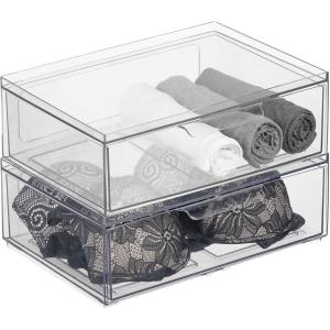 imagemDesign Stackable Storage Containers Box with 2 PullOut Drawers  Stacking Plastic Drawer Bins for Closet Organization Linen Coat Bedroom or Entryway Closets  Lumiere Collection  4 Pack Clear8 x 12 x 4 Pack of 2