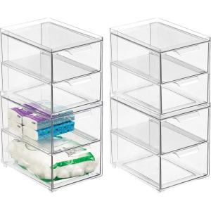 imagemDesign Stackable Storage Containers Box with 2 PullOut Drawers  Stacking Plastic Drawer Bins for Master or Guest Bathroom Linen Closet Vanity Makeup Table Lumiere Collection 4 Pack Clear8 x 6 x 7Pack of 4
