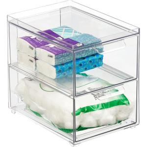 imagemDesign Stackable Storage Containers Box with 2 PullOut Drawers  Stacking Plastic Drawer Bins for Master or Guest Bathroom Linen Closet Vanity Makeup Table Lumiere Collection 4 Pack Clear8 x 6 x 7 Pack of 1