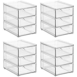 imagemDesign Stackable Storage Containers Box with 2 PullOut Drawers  Stacking Plastic Drawer Bins for Master or Guest Bathroom Linen Closet Vanity Makeup Table Lumiere Collection 4 Pack Clear8 x 6 x 8 Pack of 4