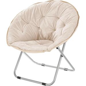 imagemDesign Urban Papasan Folding Moon Chair  Large Saucer UFO Chair with Collapsible Metal Frame  Fuzzy Foldable Dish Seat for Home Office Living Room Dorm Room and Bedroom  BeigeSilverBeigeSilver