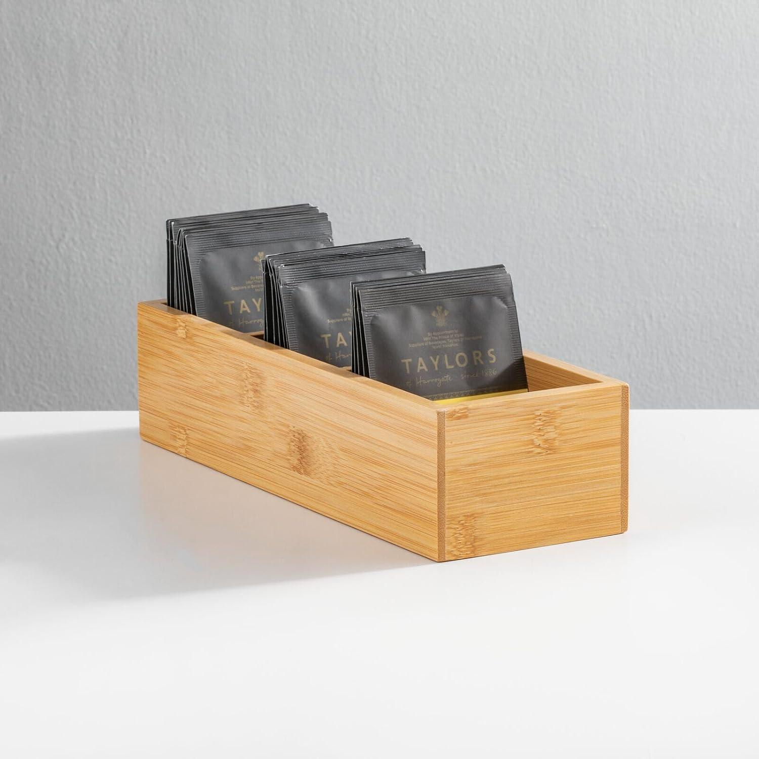 imagemDesign Bamboo Divided Storage Bin Container Drawer Organizer Crate Box for Kitchen Pantry Cabinet Shelf Island Countertop Holds Snacks Spices Drinks Echo Collection NaturalTan3 compartments Pack of 2