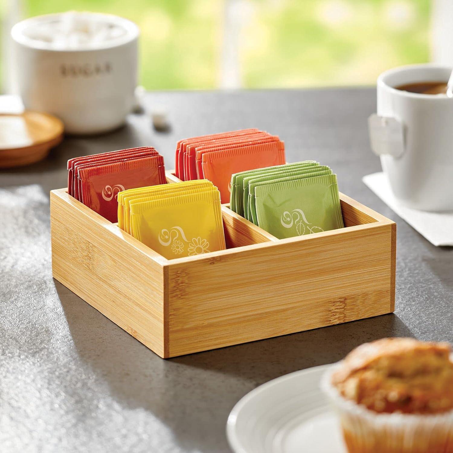 imagemDesign Bamboo Divided Storage Bin Container Drawer Organizer Crate Box for Kitchen Pantry Cabinet Shelf Island Countertop Holds Snacks Spices Drinks Echo Collection NaturalTan4 compartments Pack of 1