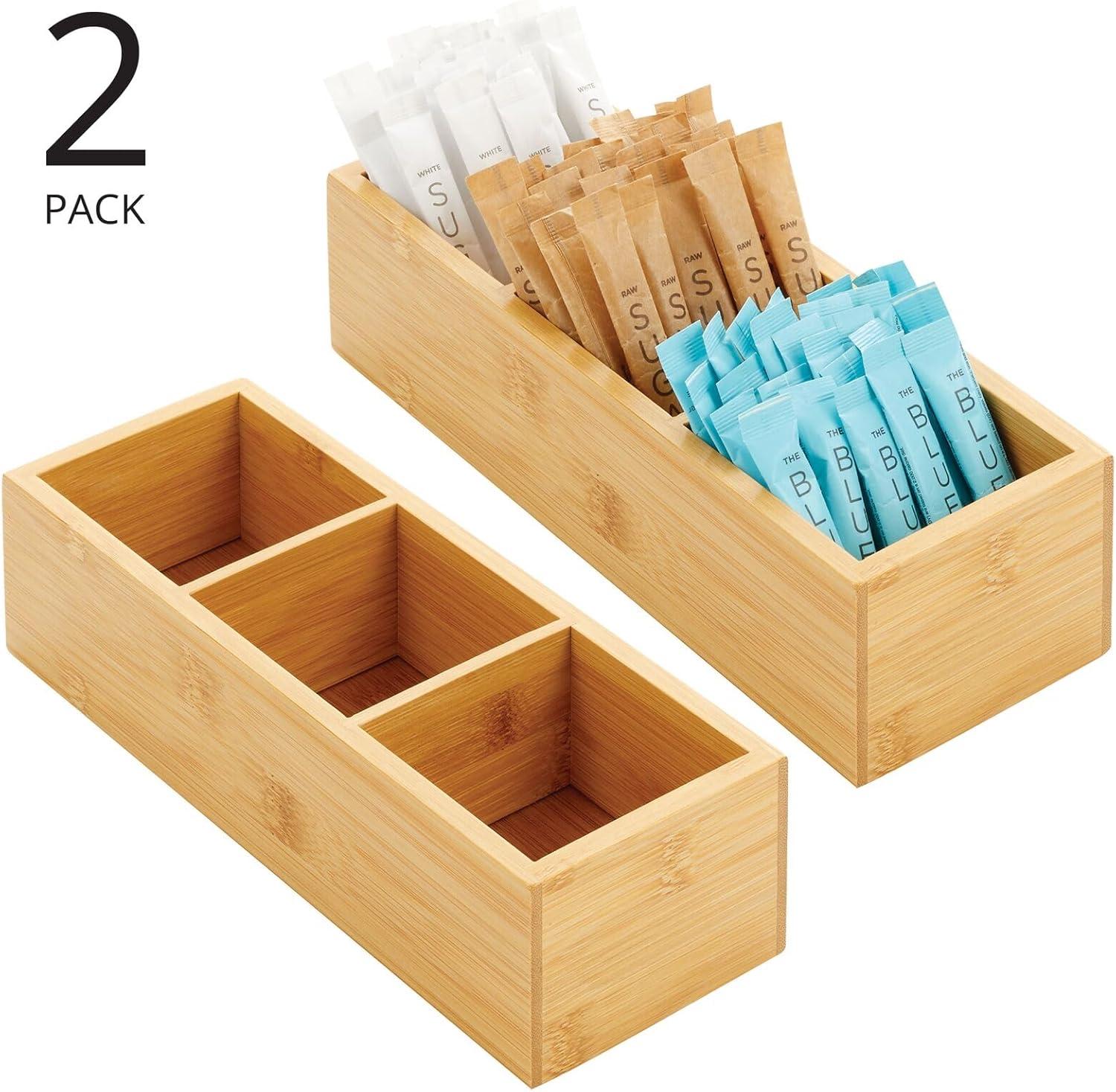 imagemDesign Bamboo Divided Storage Bin Container Drawer Organizer Crate Box for Kitchen Pantry Cabinet Shelf Island Countertop Holds Snacks Spices Drinks Echo Collection NaturalTan3 compartments Pack of 2