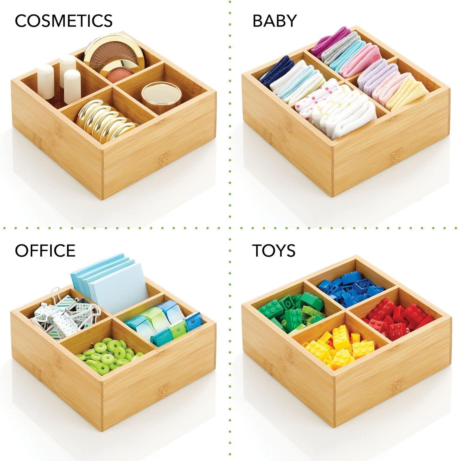 imagemDesign Bamboo Divided Storage Bin Container Drawer Organizer Crate Box for Kitchen Pantry Cabinet Shelf Island Countertop Holds Snacks Spices Drinks Echo Collection NaturalTan4 compartments Pack of 1