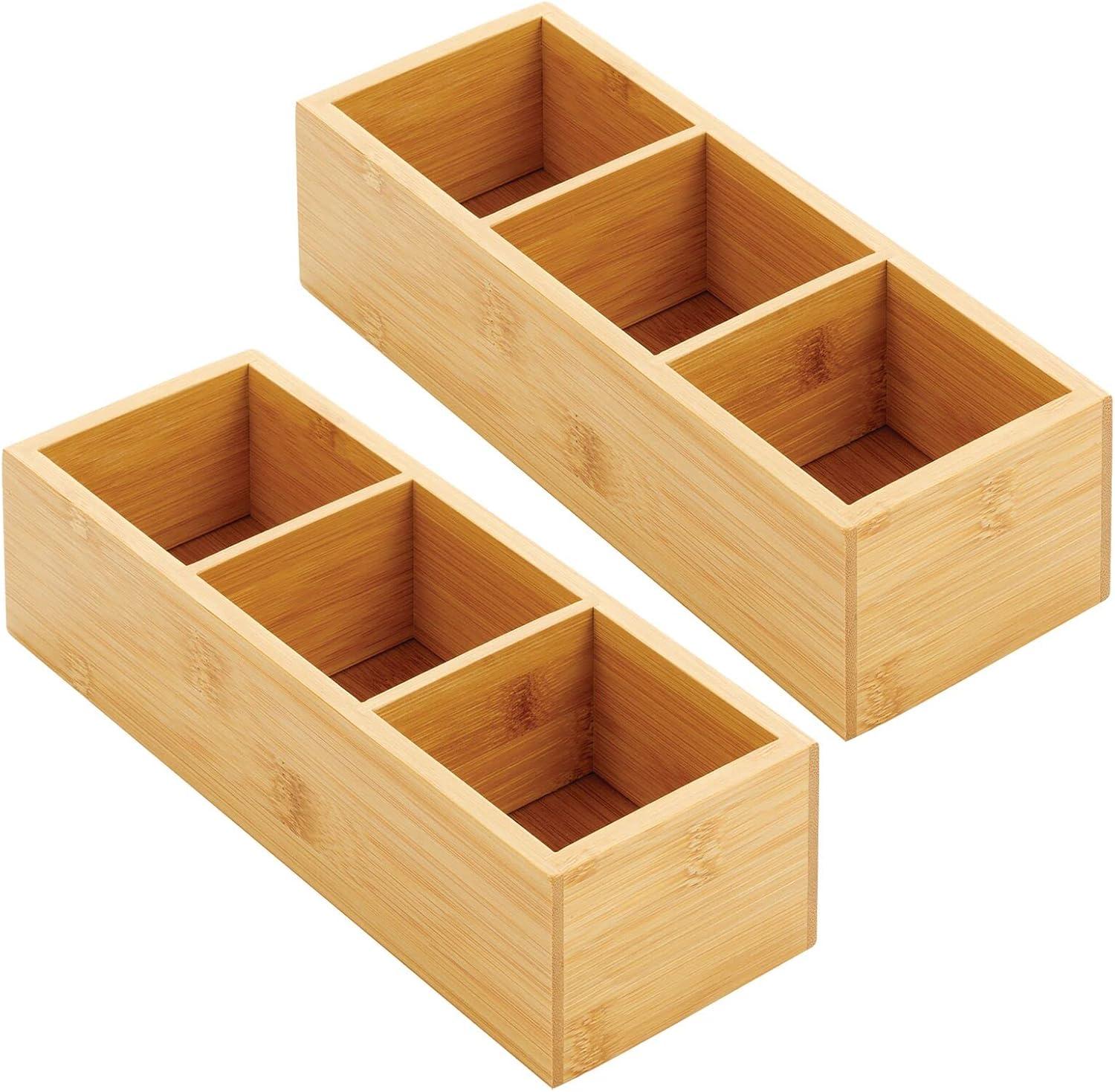 imagemDesign Bamboo Divided Storage Bin Container Drawer Organizer Crate Box for Kitchen Pantry Cabinet Shelf Island Countertop Holds Snacks Spices Drinks Echo Collection NaturalTan3 compartments Pack of 2