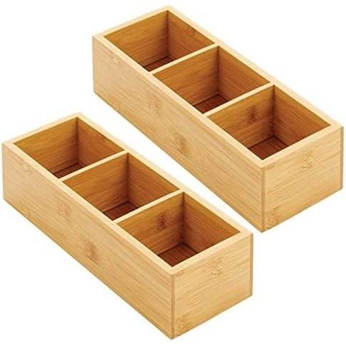 imagemDesign Bamboo Divided Storage Bin Container Drawer Organizer Crate Box for Kitchen Pantry Cabinet Shelf Island Countertop Holds Snacks Spices Drinks Echo Collection NaturalTan3 compartments Pack of 2
