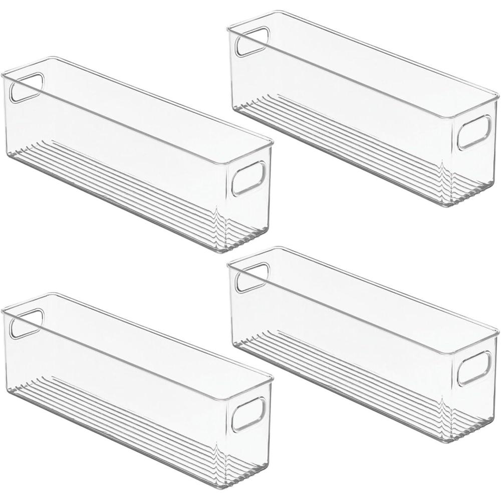 imagemDesign Deep Plastic Kitchen Storage Organizer Container Bin for Pantry Cabinet Cupboard Shelves Fridge or Freezer  Holds Dry Goods Sauces Condiments Drinks Ligne Collection 4 Pack Clear1538 x 375 x 475