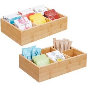 imagemDesign Bamboo Divided Storage Bin Container Drawer Organizer Crate Box for Kitchen Pantry Cabinet Shelf Island Countertop Holds Snacks Spices Drinks Echo Collection NaturalTan6 compartments  Small Pack of 2