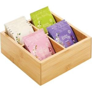 imagemDesign Bamboo Divided Storage Bin Container Drawer Organizer Crate Box for Kitchen Pantry Cabinet Shelf Island Countertop Holds Snacks Spices Drinks Echo Collection NaturalTan4 compartments Pack of 1
