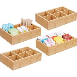 imagemDesign Bamboo Divided Storage Bin Container Drawer Organizer Crate Box for Kitchen Pantry Cabinet Shelf Island Countertop Holds Snacks Spices Drinks Echo Collection NaturalTan6 compartments  Small Pack of 4