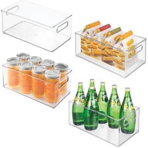 imagemDesign Deep Plastic Kitchen Storage Organizer Container Bin for Pantry Cabinet Cupboard Shelves Fridge or Freezer  Holds Dry Goods Sauces Condiments Drinks Ligne Collection 4 Pack Clear145 x 8 x 6