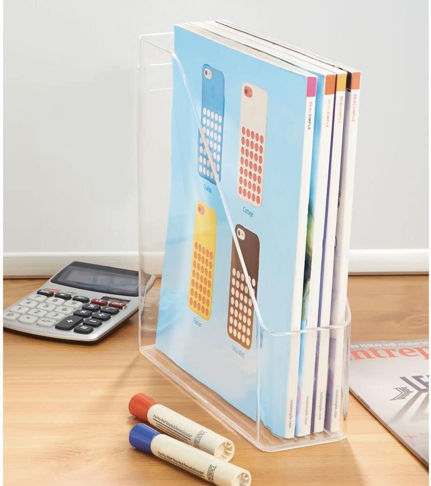 imagemDesign Plastic Slim Vertical File Folder Storage Organizer Bin with Handle  Hold Notebooks Binders Envelopes Magazines for Home Office Work Desktops Ligne Collection Clear